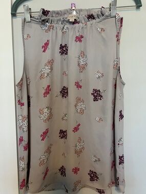 LOFT Floral Sleeveless Ruffled-Neck Top in Taupe with Pink & Purple Accents